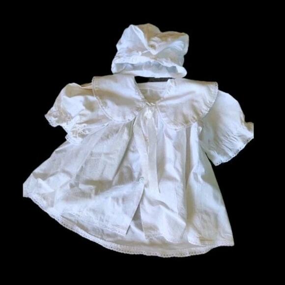 Vtg Baby Christening Dress & Bonnet Baptism Lace Trim Puritan Collar Handmade - Picture 2 of 13